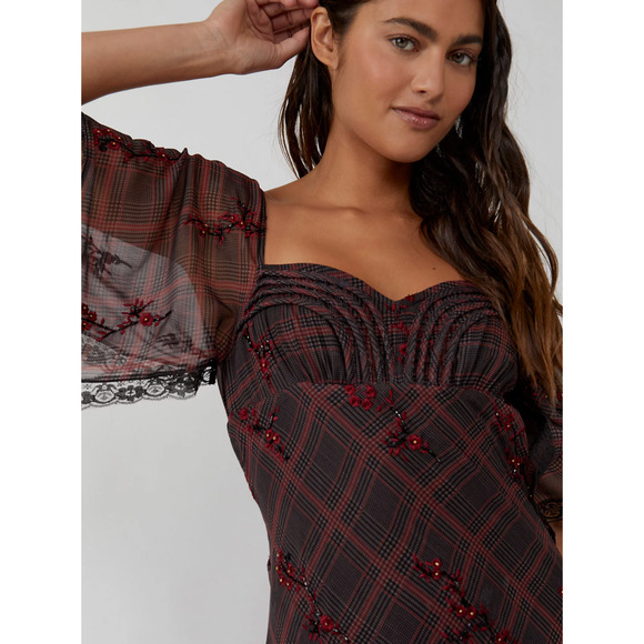 NEW FREE PEOPLE PLAID FALLEN FLOWERS MIDI DRESS SIZE 0 - Picture 2 of 14